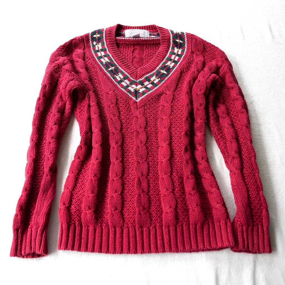 Vintage Dark Pink Cable Knit V-Neck Sweater with Embroidery | Preppy 90s